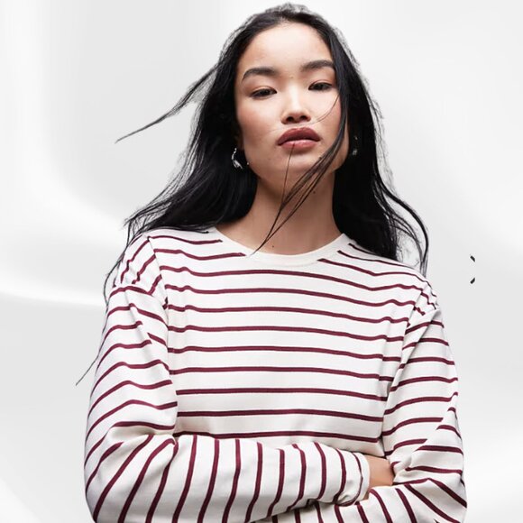 MNG Mango Classic Striped Long Sleeve Tee Small Cream Burgundy Nautical Chic EUC - Picture 1 of 13